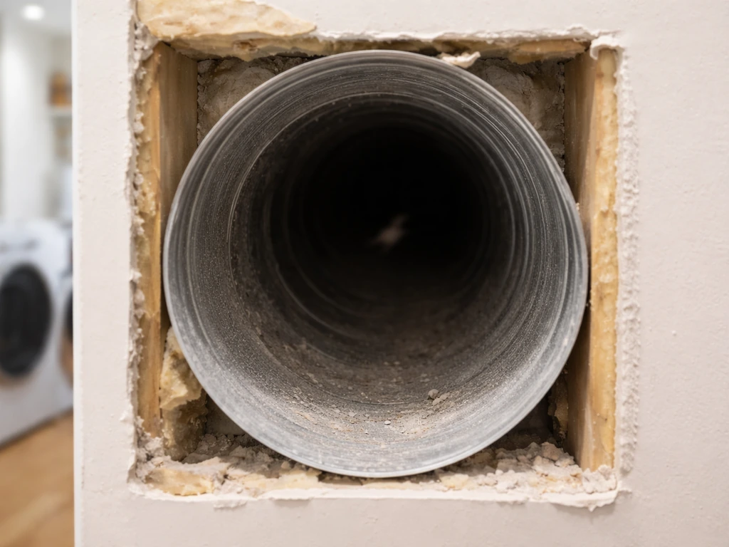 Perspective view into a concealed duct run in a laundry room wall, showing depth and a bird’s possible location