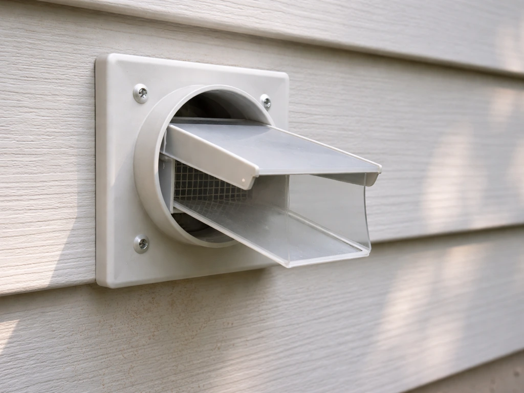 Humane one-way exit device attached at a dryer duct connection, shown outdoors near a house wall.