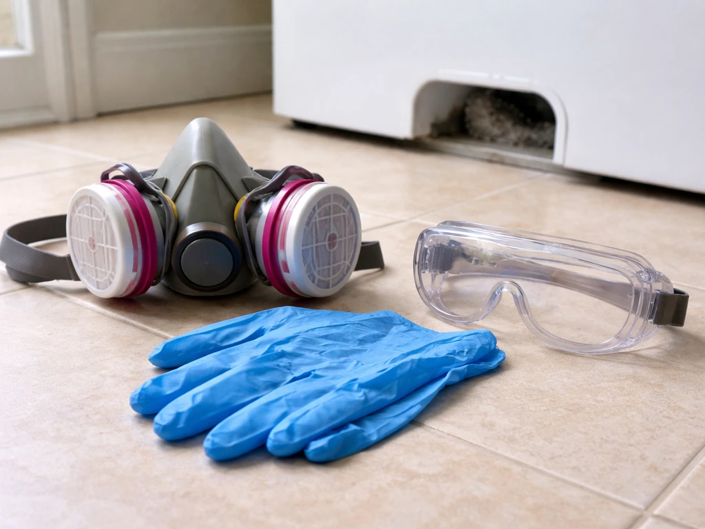 N95/P100 respirator, nitrile gloves, and safety goggles laid out on the floor beside a dryer vent.