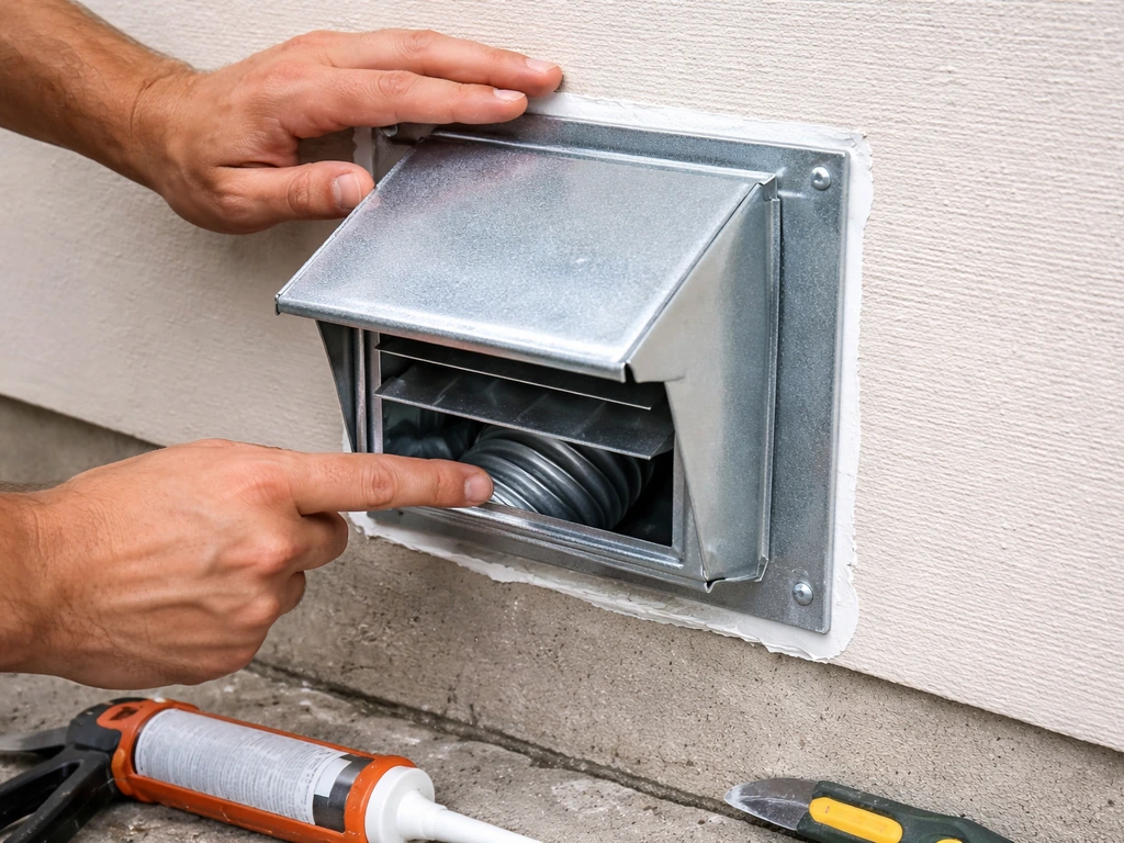 Close-up of a technician installing a metal dryer vent hood with a backdraft damper and sealing the gap with caulk