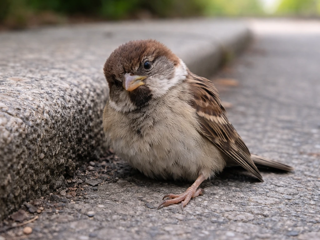 Close-up of a small bird on the ground with one leg awkwardly positioned, looking disoriented.