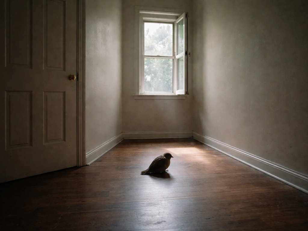 A small indoor room with a bird confined; a closed door and one open window for a safe exit.