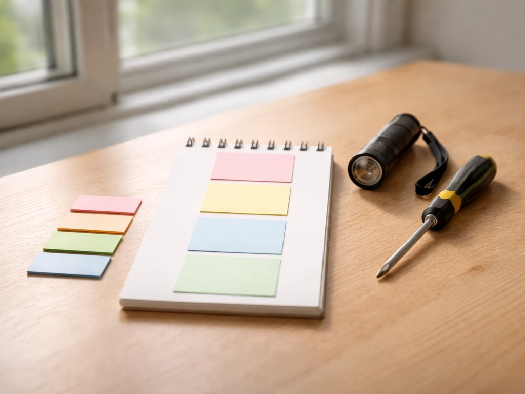 Minimal close-up of a DIY troubleshooting checklist layout on a clean desk with tools and sticky notes