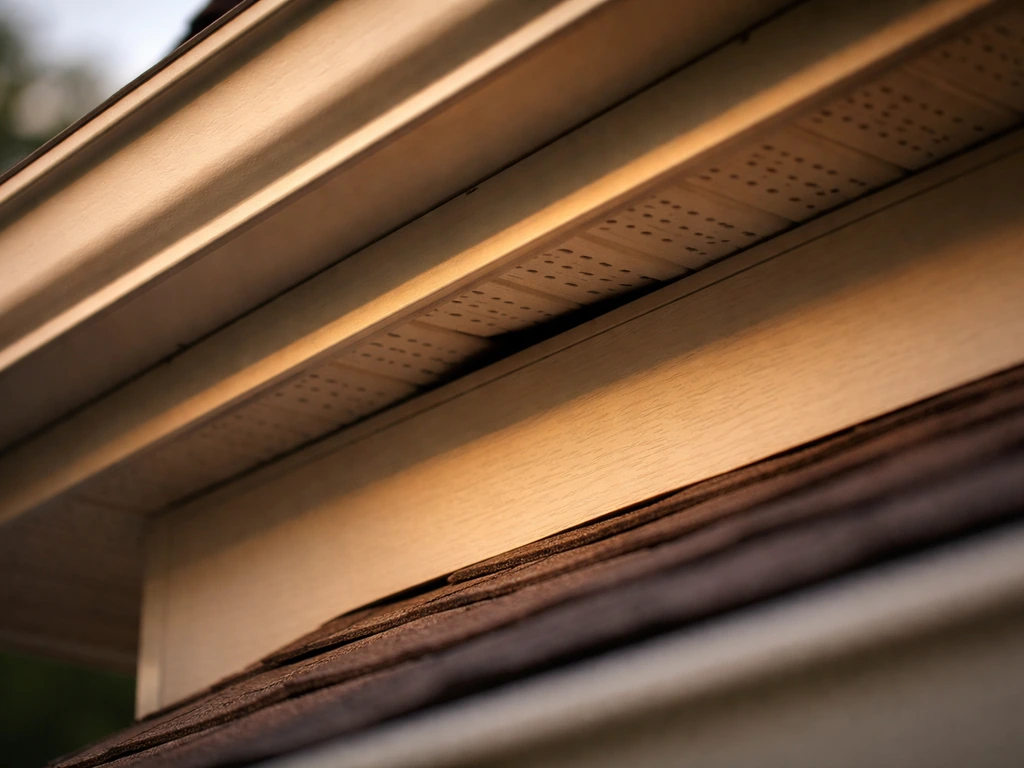 Exterior of a house eave with a small gap under the soffit, bird chirping implied off-frame.