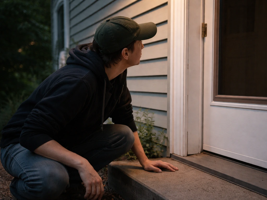 Anonymous person crouches by a doorway, looking at the building exterior as if tracking a chirping source.