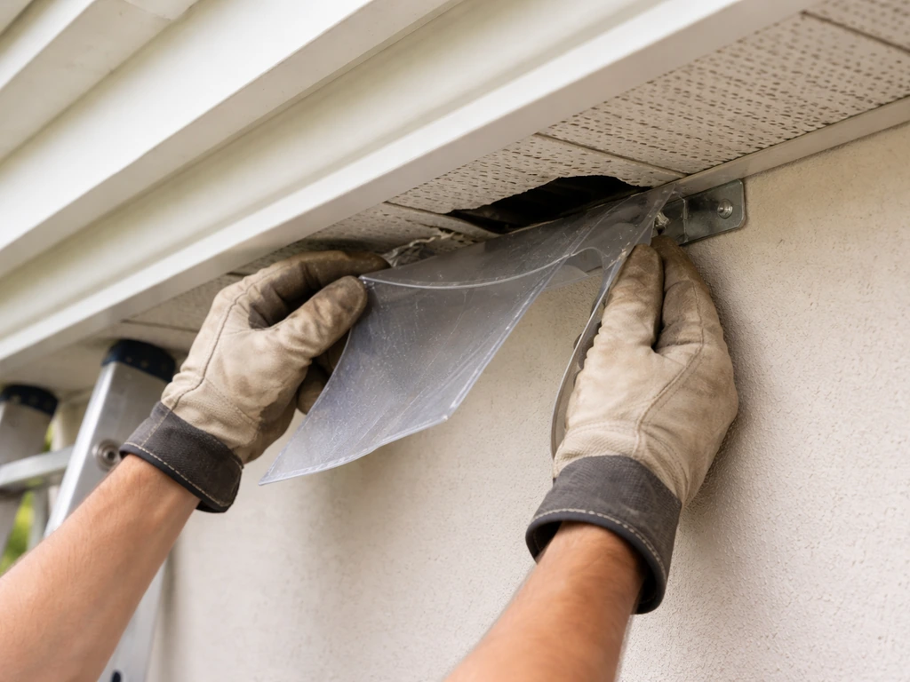 Humane bird exclusion setup at an eave: one-way cover installed neatly near a vent gap.