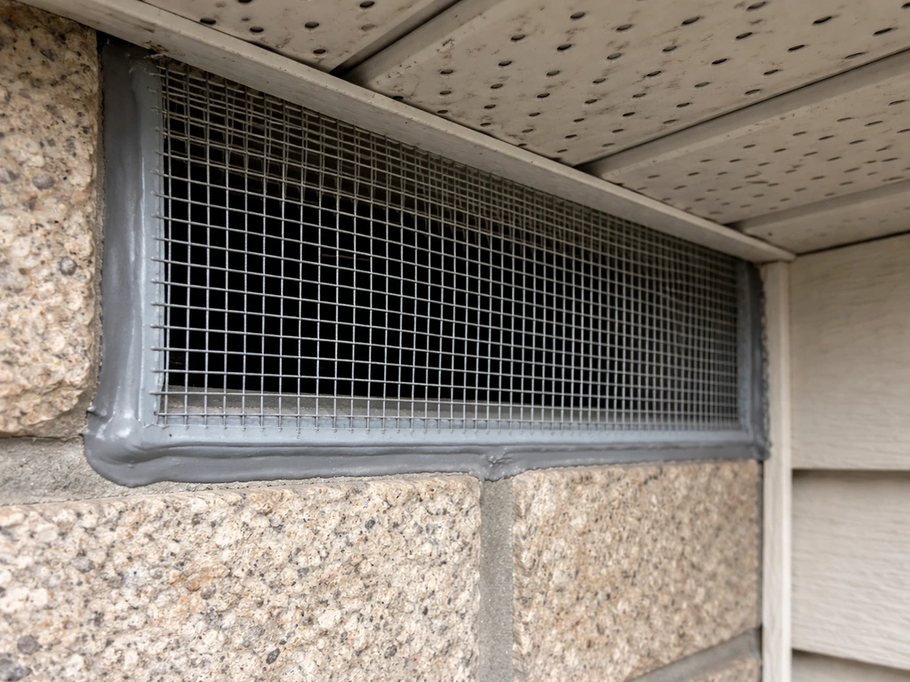 Close-up of exterior vent/soffit joint sealed with mesh screen and sealant to prevent bird re-entry.