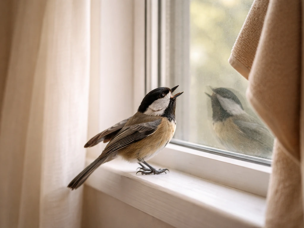 Small bird chirping and tapping a window, with a nearby towel suggesting a safe temporary cover.