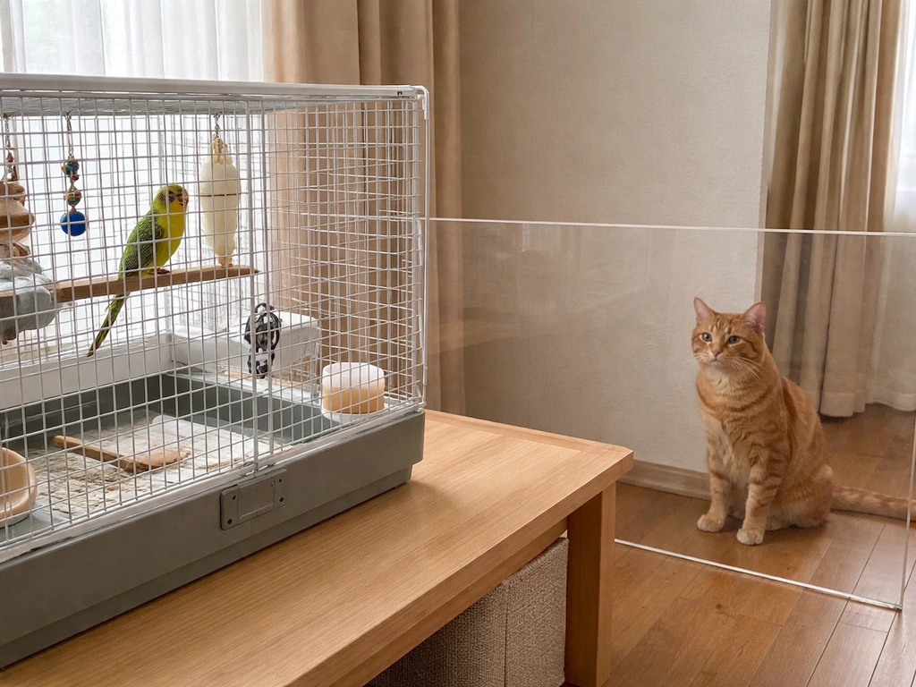 Cat separated by a barrier while a bird stays inside a securely latched cat-proof enclosure.
