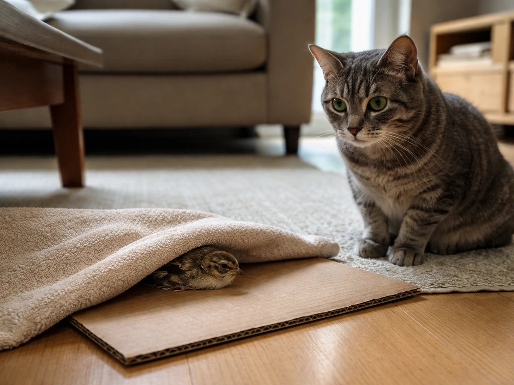 A cat is separated from an injured bird using a folded towel and cardboard barrier indoors.