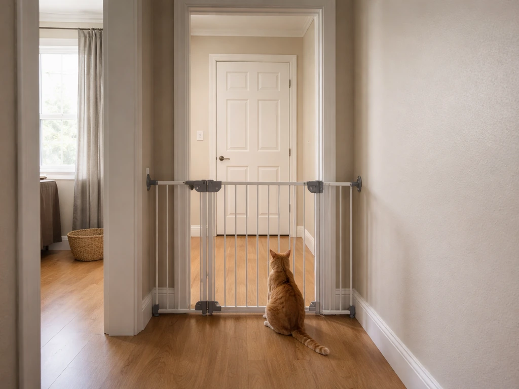 Bright interior room with a bird-safe area separated by a closed door and barrier blocking cat access