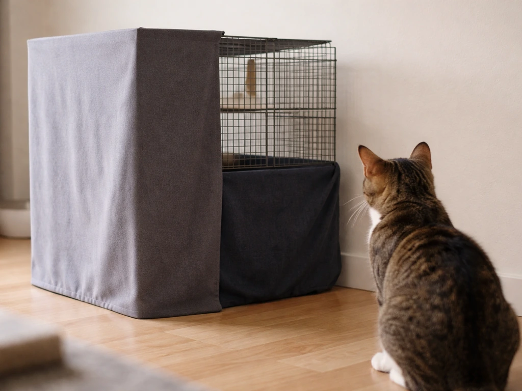A cat looking toward a covered pet bird cage with a cloth barrier blocking the bird from view.
