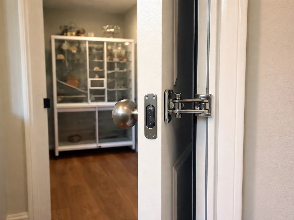 Secure solid-core bird room door with a cat-proof latch in a clean indoor hallway