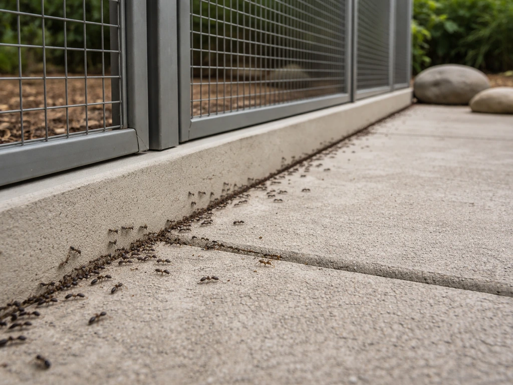 Exterior bird aviary perimeter with ant trails along the base and a clean bird-safe setup