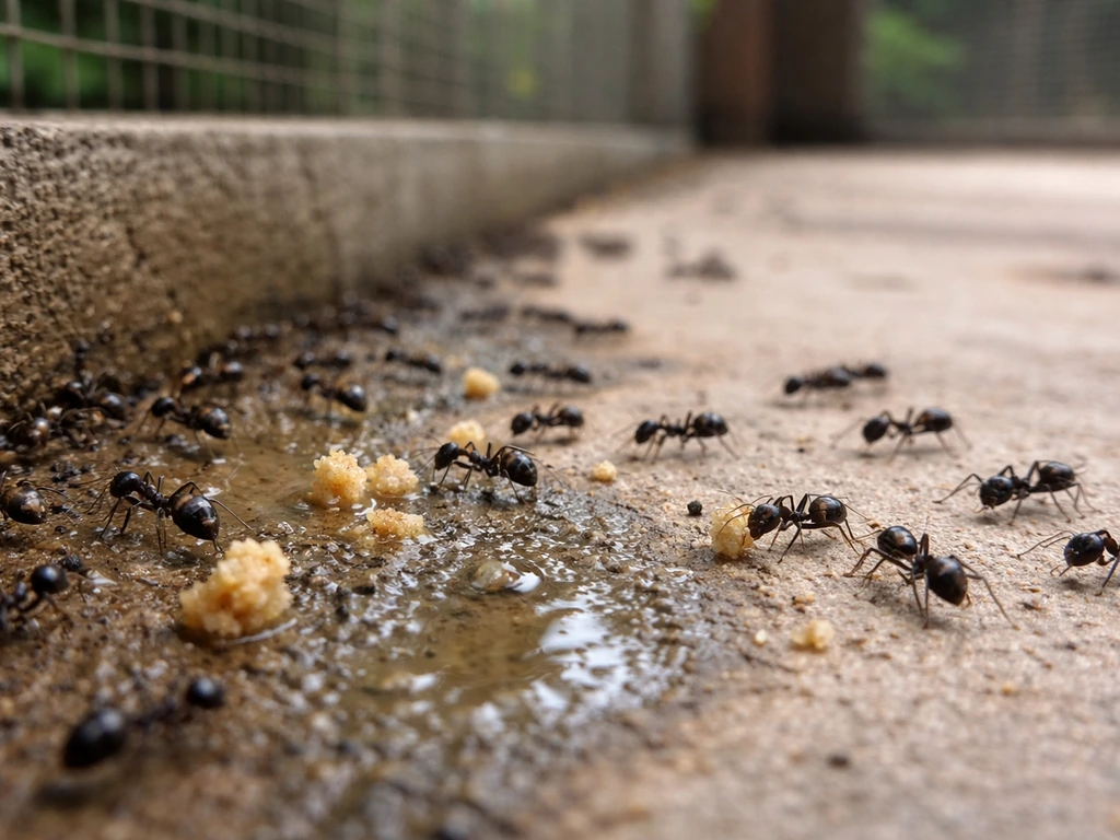Close-up of ants foraging near crumbs and small water droplets in a bird aviary floor.