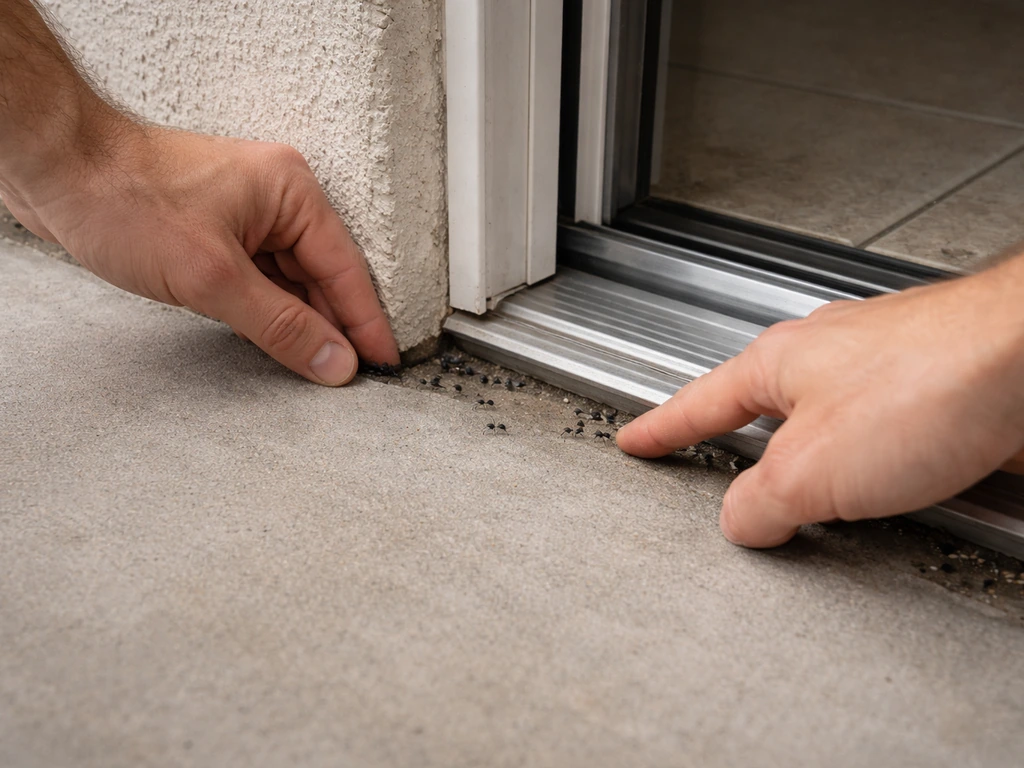 Two hands inspecting a wall base and door threshold for ant trails, outdoors near a doorway