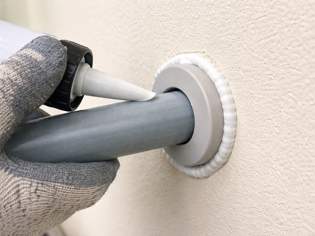 Gloved hand sealing a gap around a pipe sleeve with caulk to block ant entry points.
