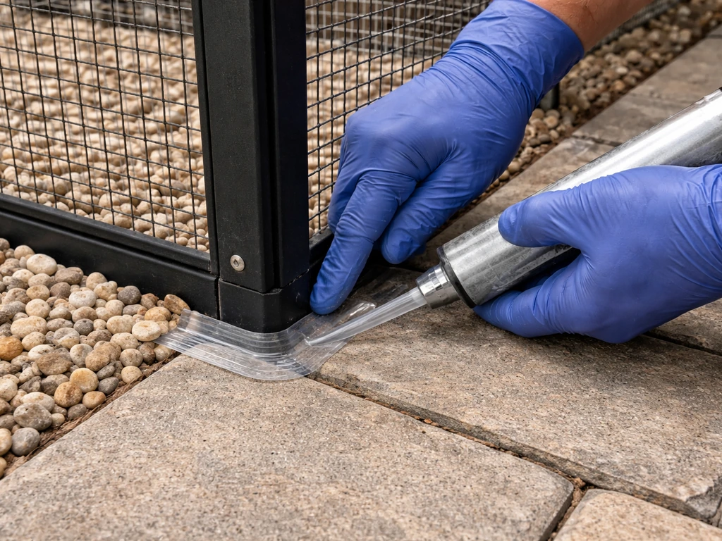 Close-up of a sealed barrier tape around an aviary leg to block ant trails safely.