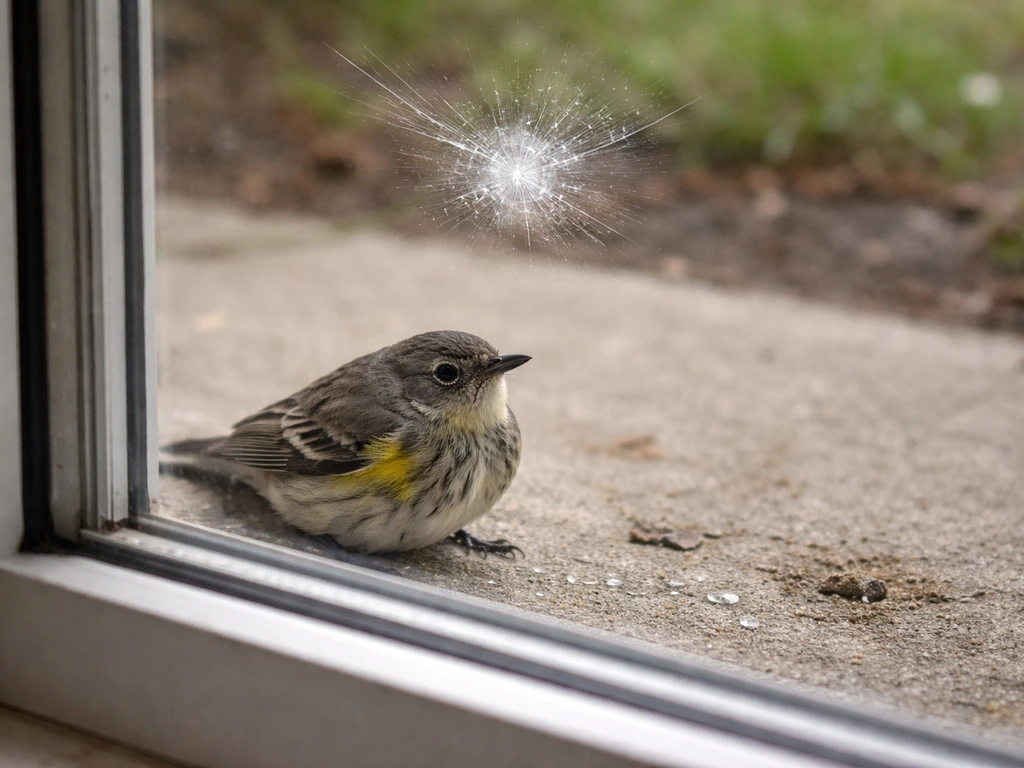 Injured small bird on ground beside a home window with visible impact area and broken glass