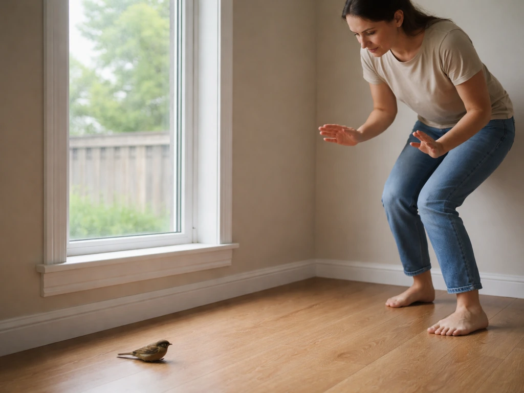 Person stepping back near a window while a stunned bird safely rests on the ground outside.