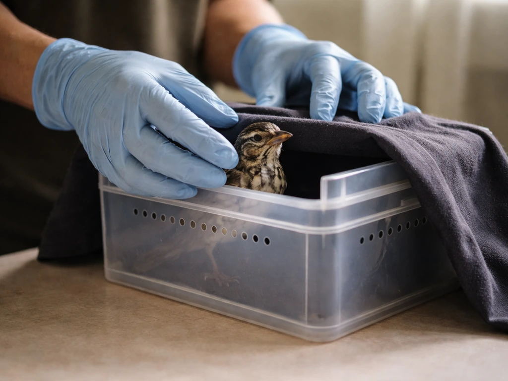 Gloved hands gently placing a small bird into a ventilated box covered with a dark cloth.