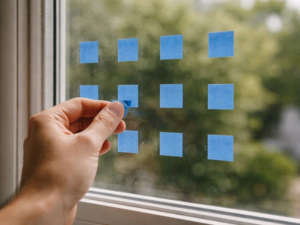 Painter’s tape grid being applied to the outside of a window to help prevent birds from hitting glass.