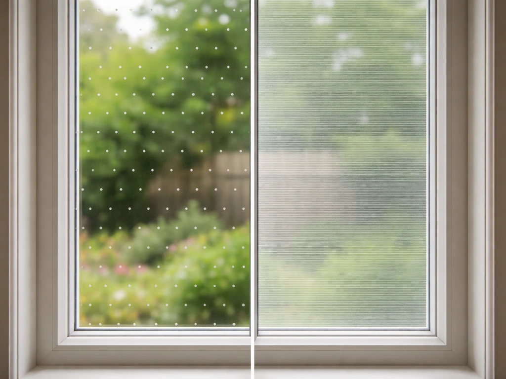 Two side-by-side window setups showing evenly spaced decals/film and a different visual barrier covering glass