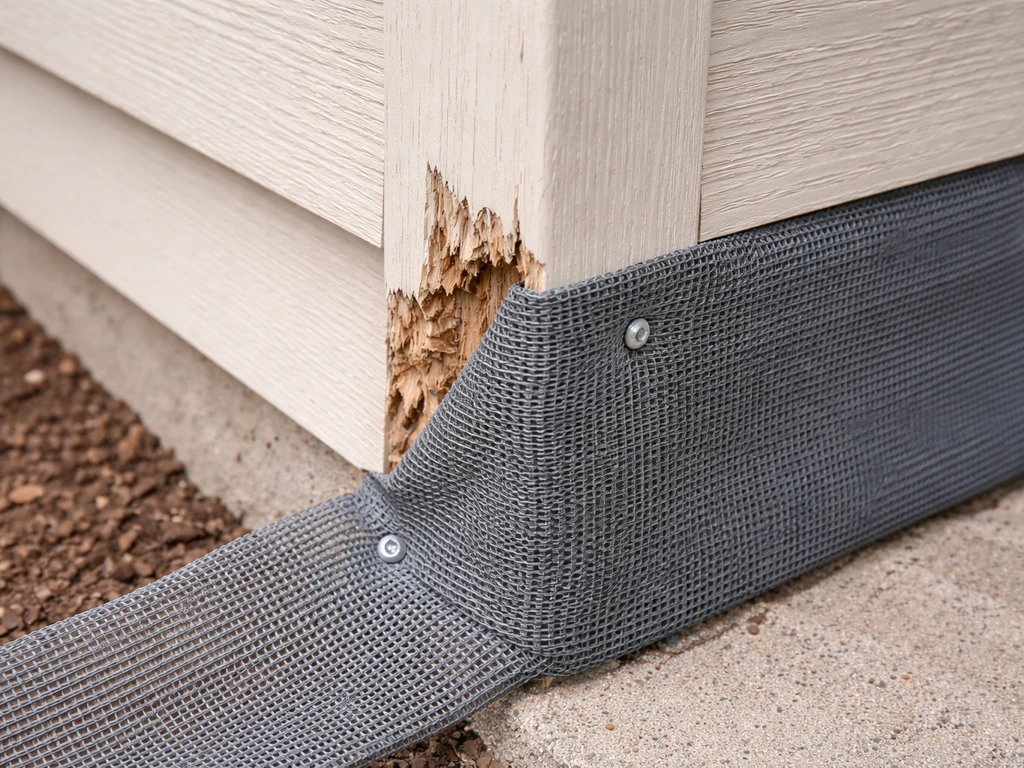 Chewed wood on a house edge covered with a protective screened barrier to prevent further bird damage.
