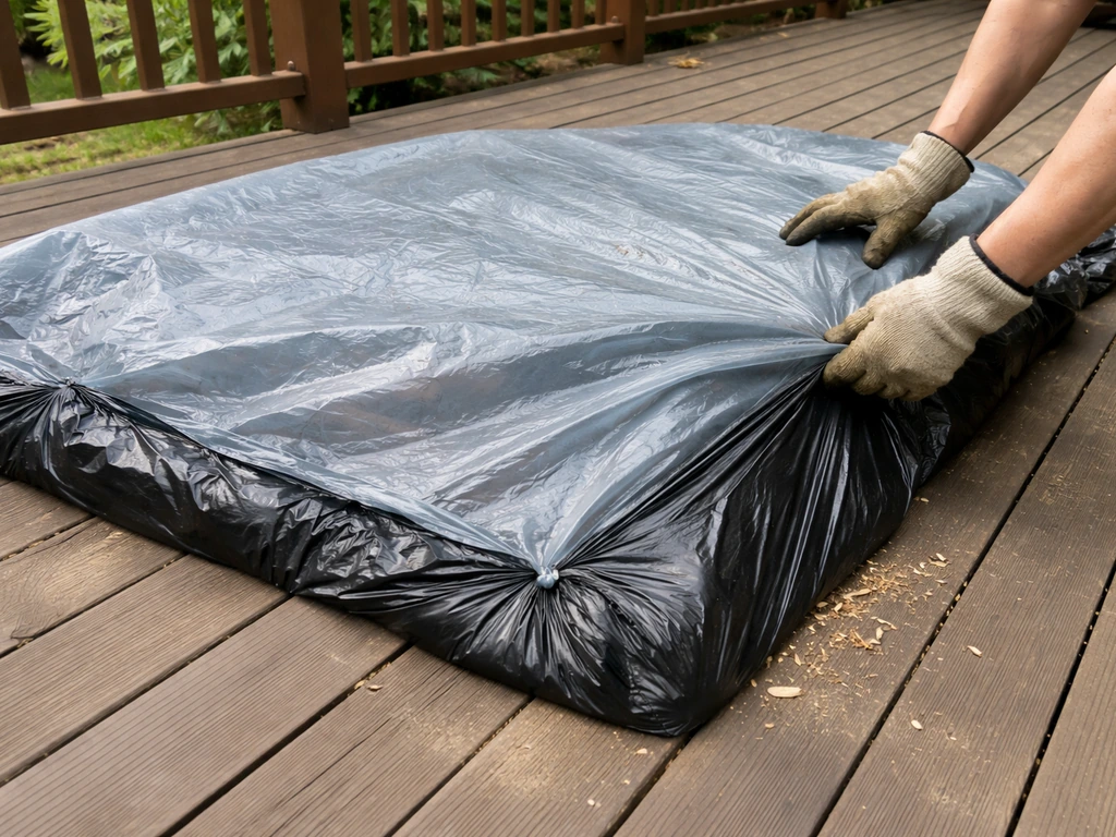 Gloved hands cover damaged deck wood with a plastic tarp and garbage bag to block access.