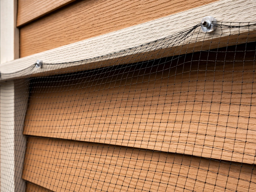 Close-up of bird netting installed on siding with a clear 3-inch gap from the wood surface.