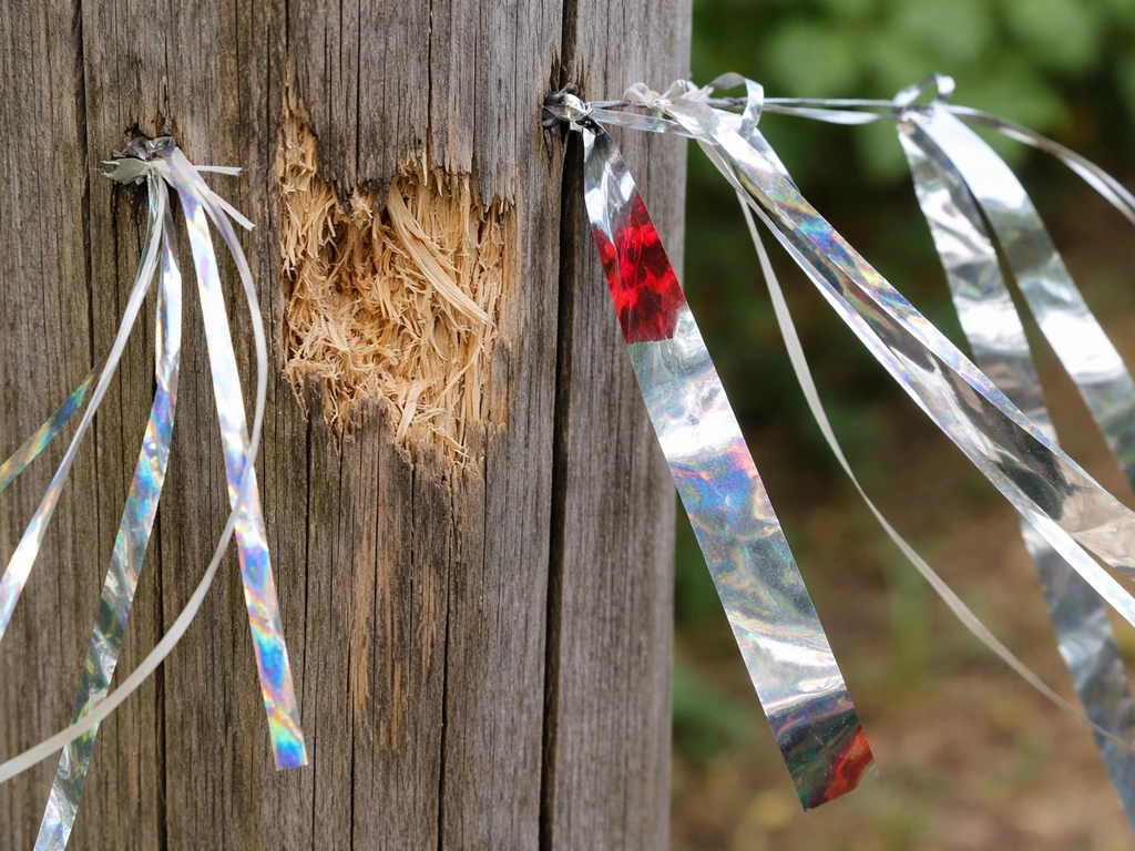 Mylar ribbon and reflective streamers tied near a chewed wooden area to deter nesting and wood chewing.