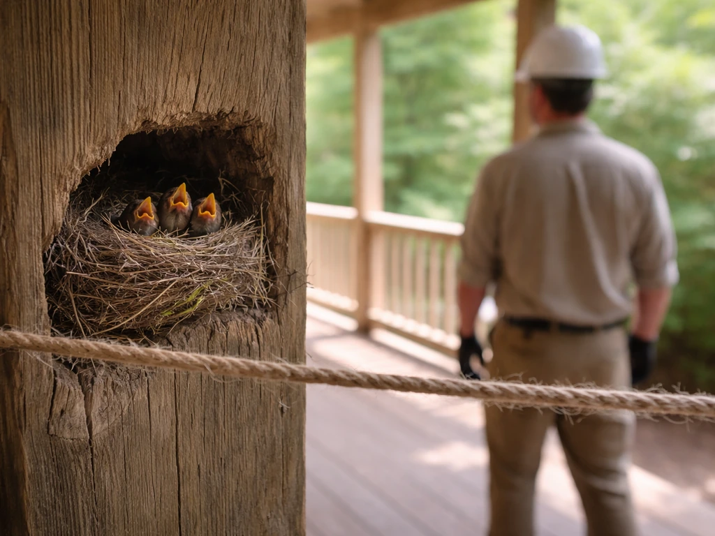 Bird nest inside porch beam with a respectful safety barrier and a wildlife worker blurred in the background.