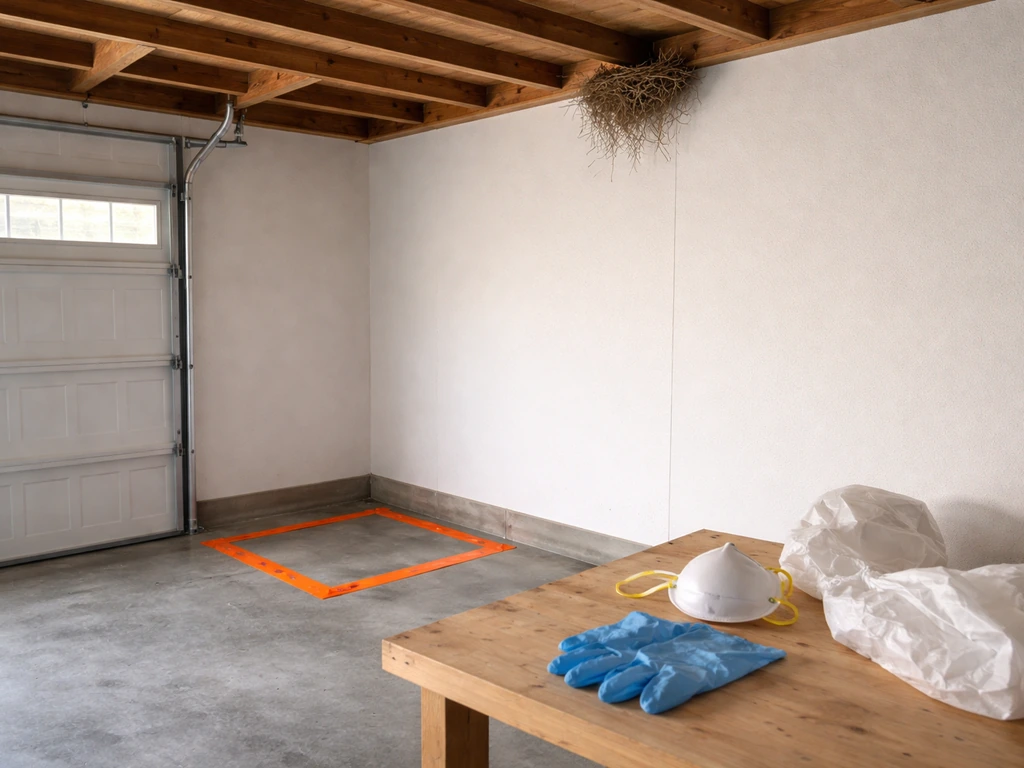A quiet garage corner with a bird nest in the rafters, with caution barriers and protective gear nearby.
