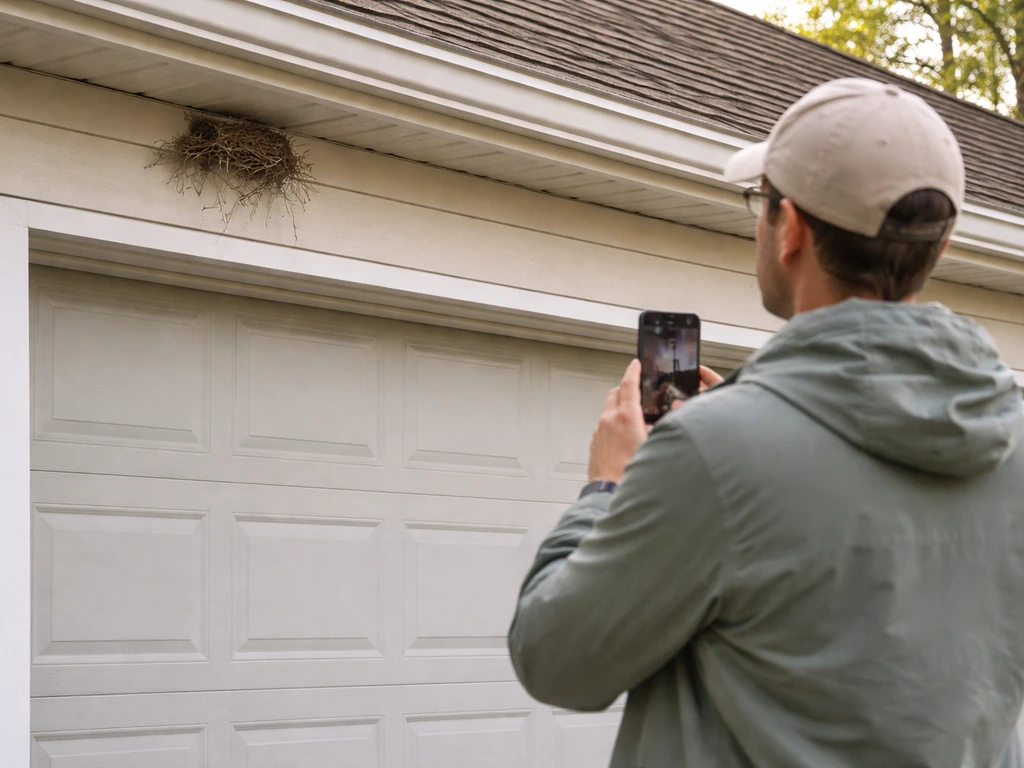 Anonymous homeowner observing a bird nest near a garage from a safe distance with a phone.