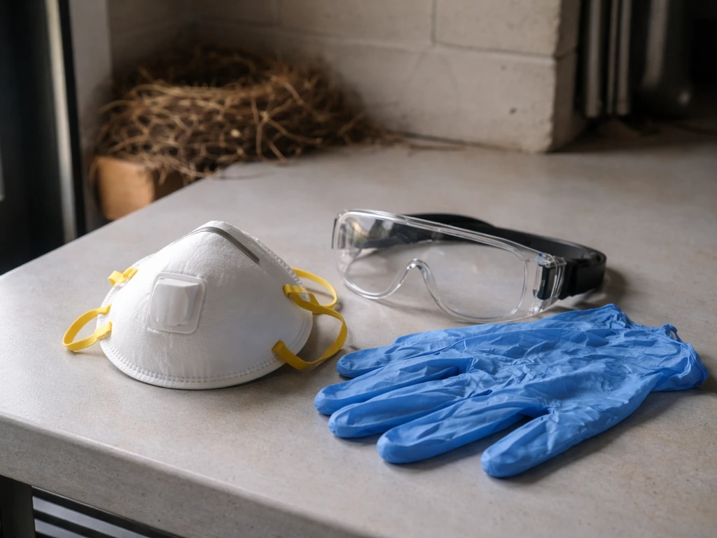 N95 respirator, gloves, and goggles placed beside a bird nest area in an uncluttered garage.