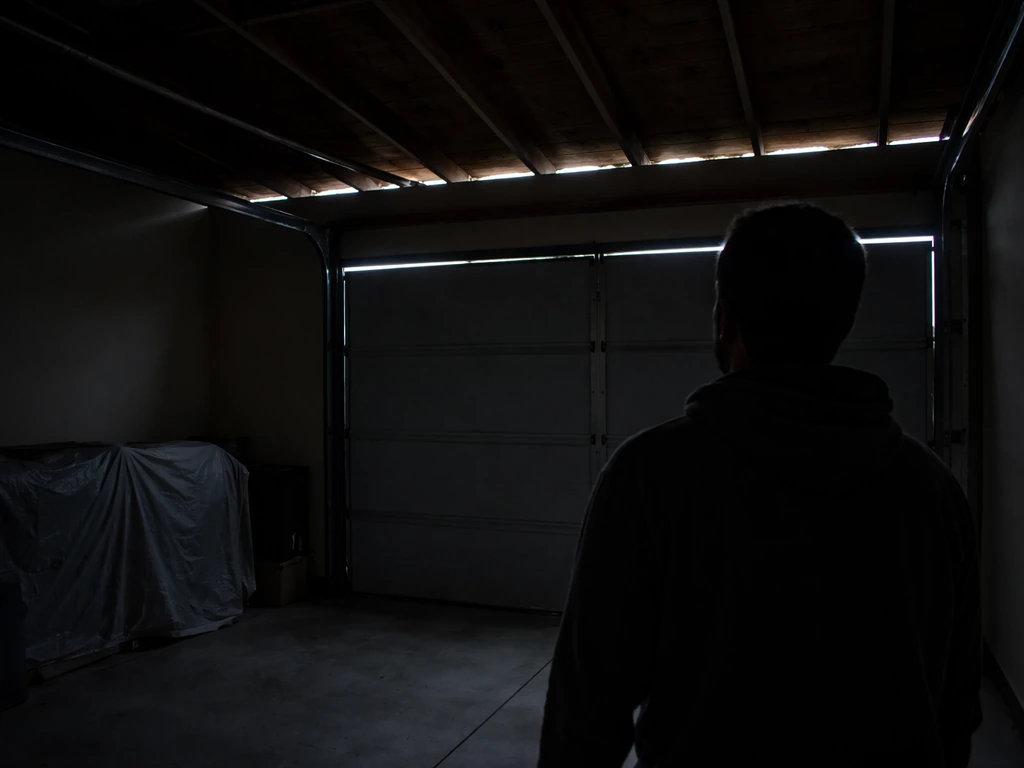 Garage ceiling inspection with off lights, visible daylight gaps along the roofline near the garage door