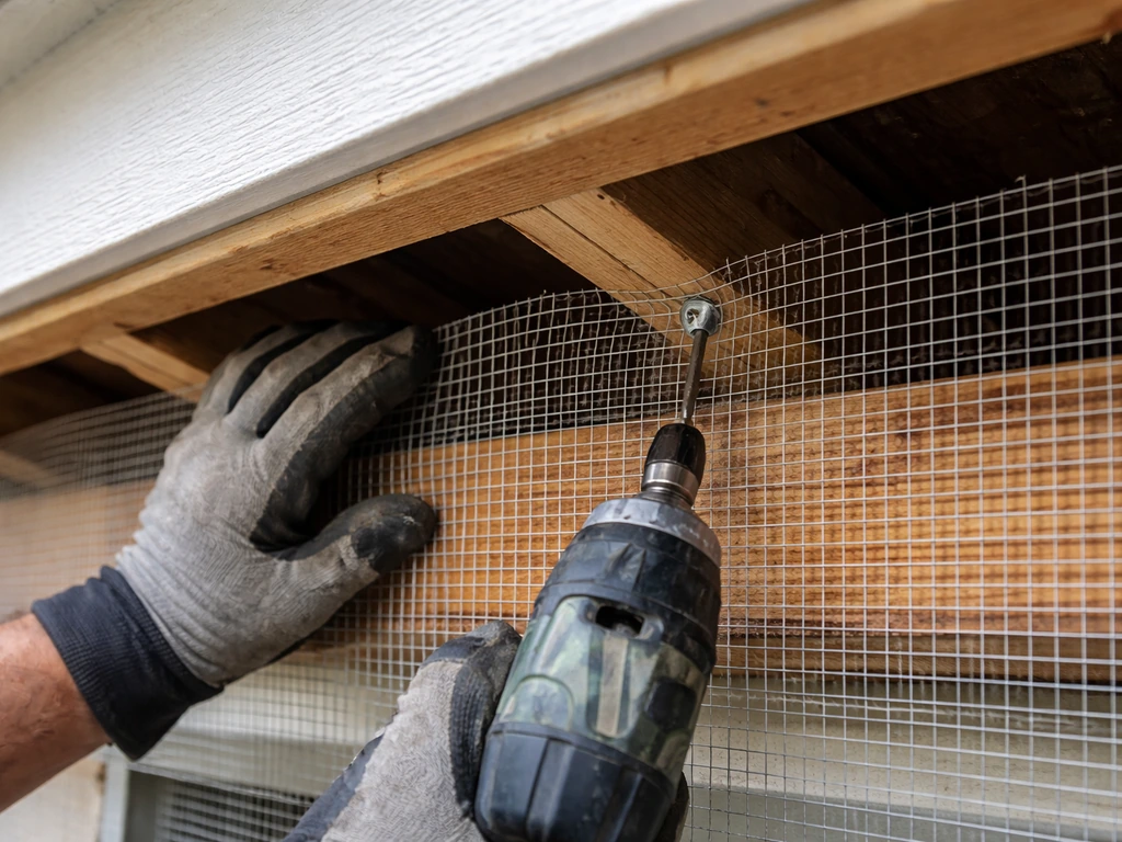 Gloved hands stapling fine hardware cloth flush over a rafter gap under open eaves.