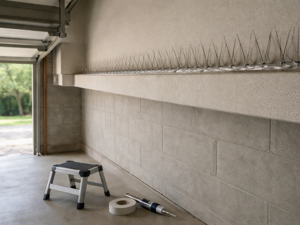 Bird spike strips installed along a garage beam with clean seasonal maintenance tools nearby.