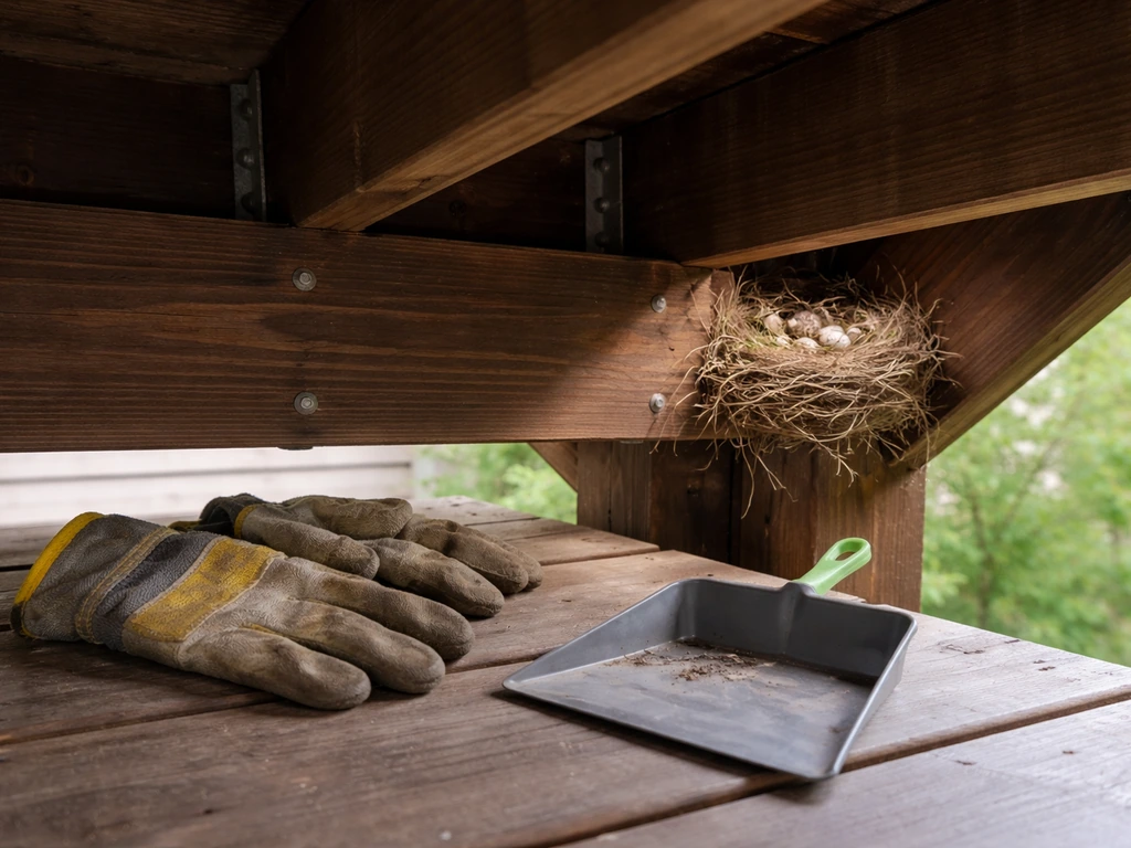View of a deck underside showing an under-deck bird nest area with safe DIY context