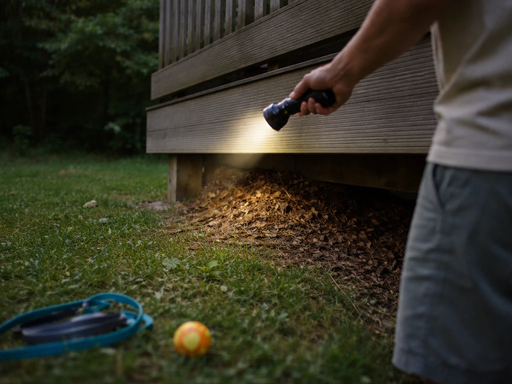 Homeowner shines a flashlight from a distance under a deck to check a possibly active nest safely.