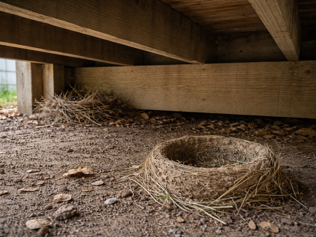 Close-up of under-deck nesting areas showing an empty mud cup and nearby sparrow-like twig nest