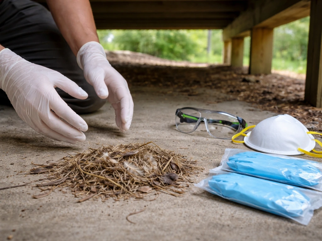 Gloved hands under a deck with goggles and a respirator laid out beside dry nest material.