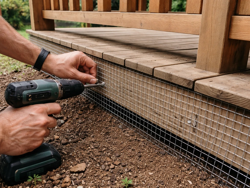 Close-up of a person securing welded wire mesh along a deck perimeter to block bird nesting