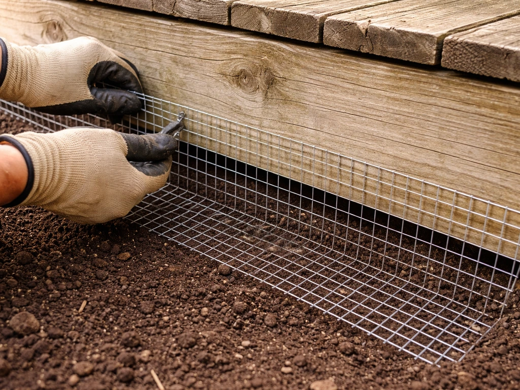 Welded wire mesh fitted along a deck perimeter with small gaps covered near the deck skirt