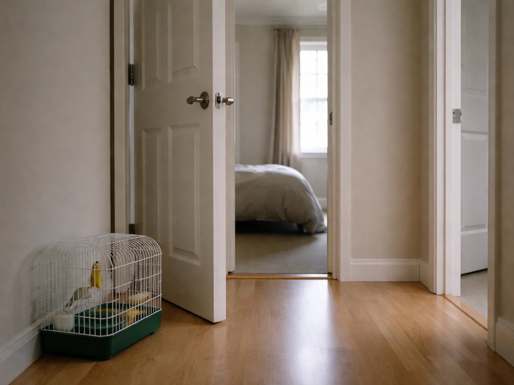 Indoor doorway path showing one room isolated for safely confining a small bird.