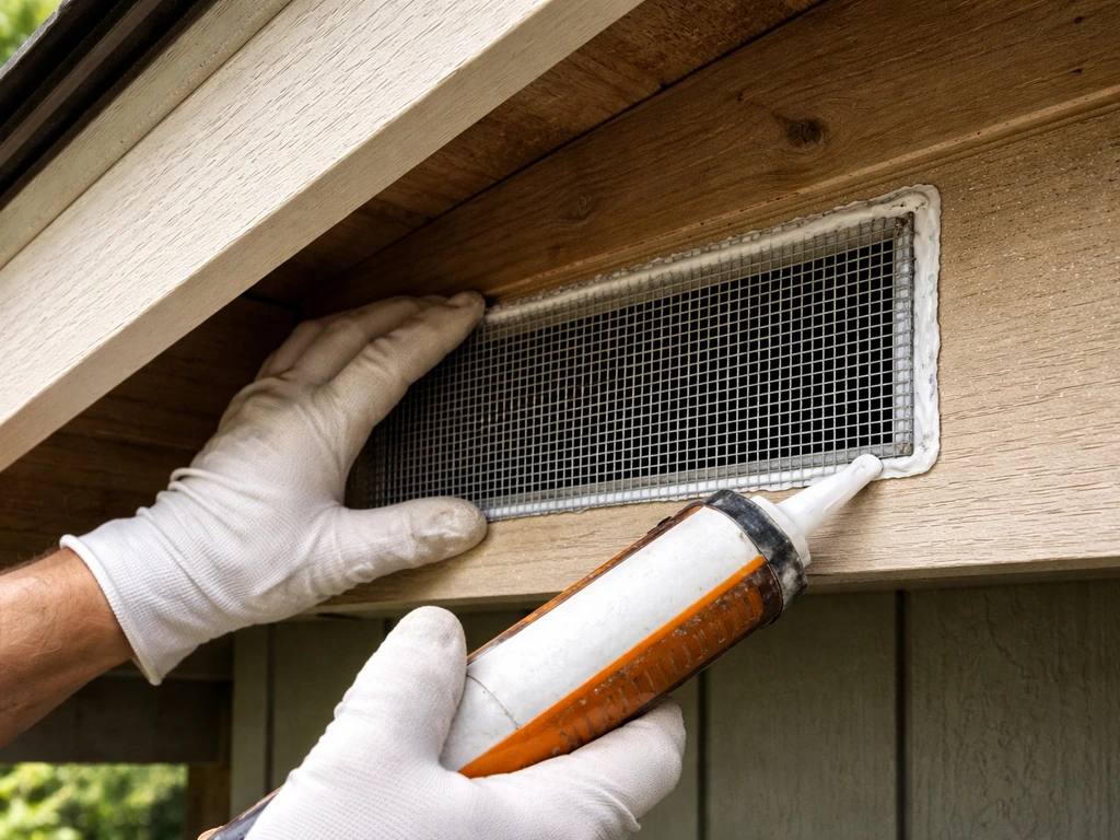 Worker’s gloved hands applying exterior caulk and fitting a metal vent screen to an attic vent.