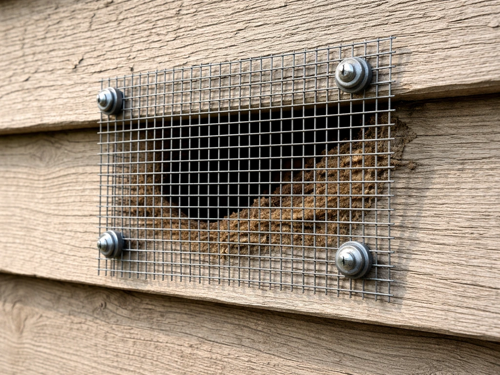 Close view of hardware cloth barrier on standoffs covering damaged wood siding area.