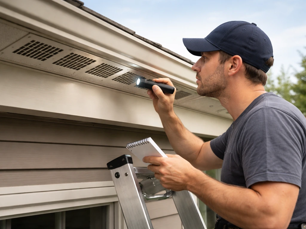 Person inspecting roofline vents and soffit areas with notepad during a calm annual check
