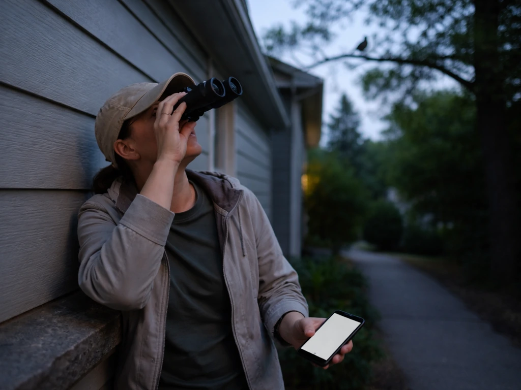 Homeowner with binoculars listens for a bird sound near a building exterior at dusk
