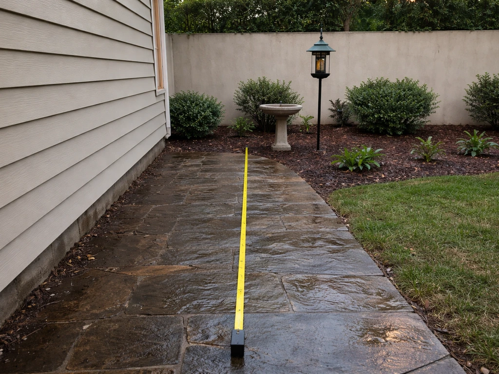 Bird feeder and birdbath near a building with a measuring tape showing the 20–30 ft distance.